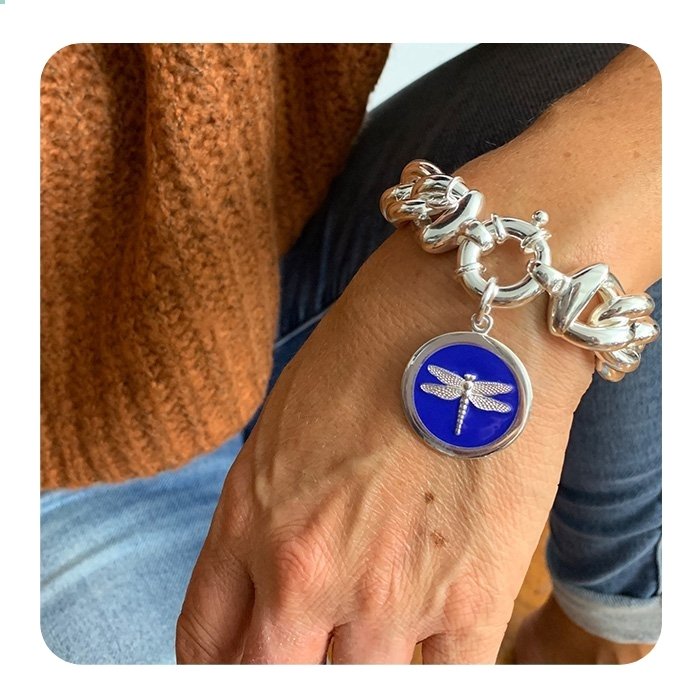 LOLA Curb Large Bracelet in Silver with blue pendant